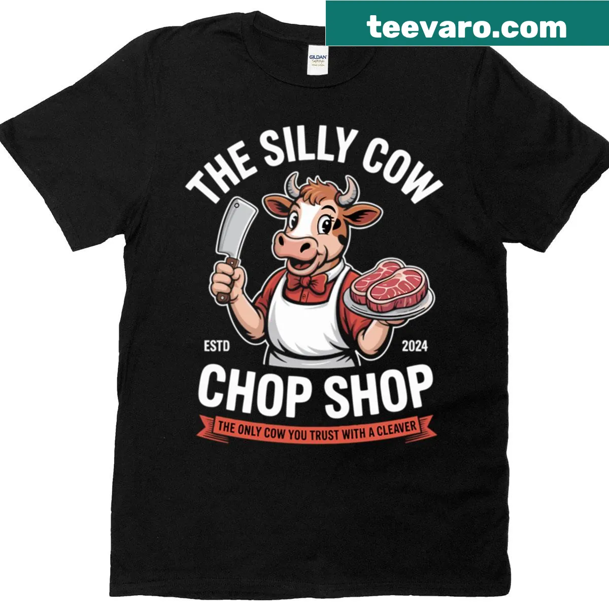 Cartoon T-shirt depicting a vintage butcher shop with a silly cow — on a men's t-shirt