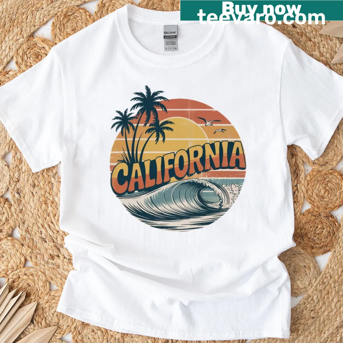 Vintage California beach vibes shirt with retro stripes and palms — on a men's t-shirt