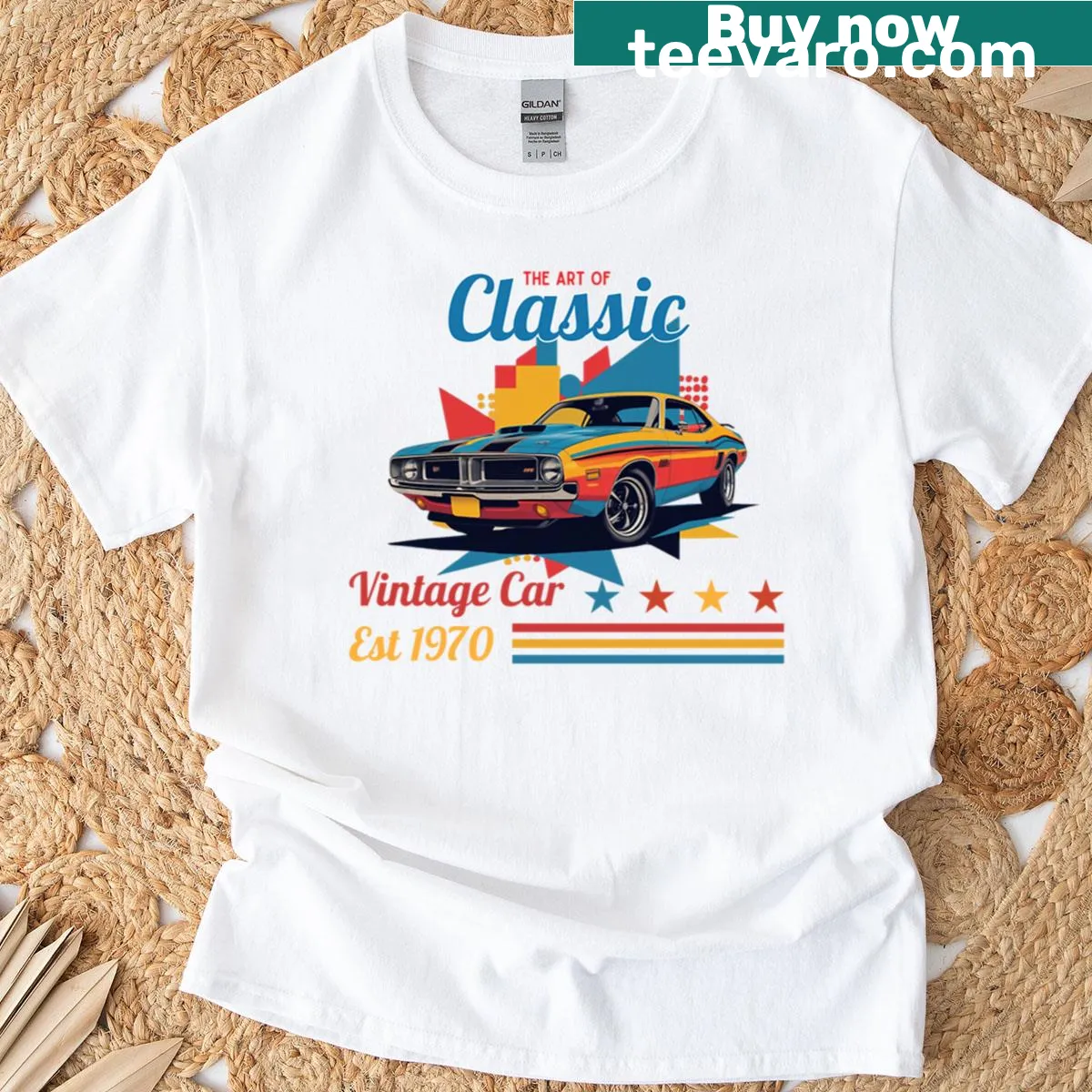 Vintage 1970 muscle car graphic on retro t-shirt — on a men's t-shirt