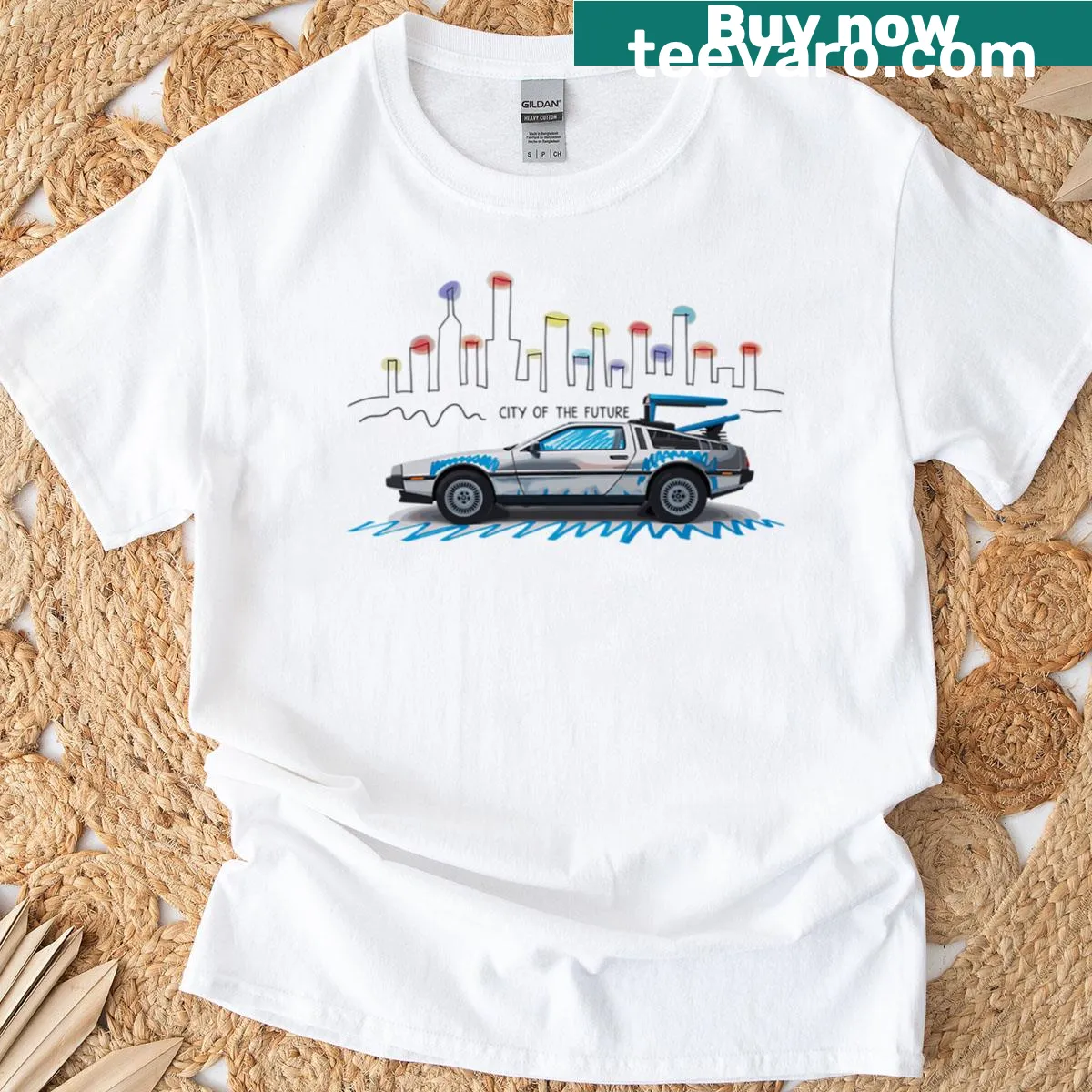 Illustration of a vintage DeLorean car design — on a men's t-shirt