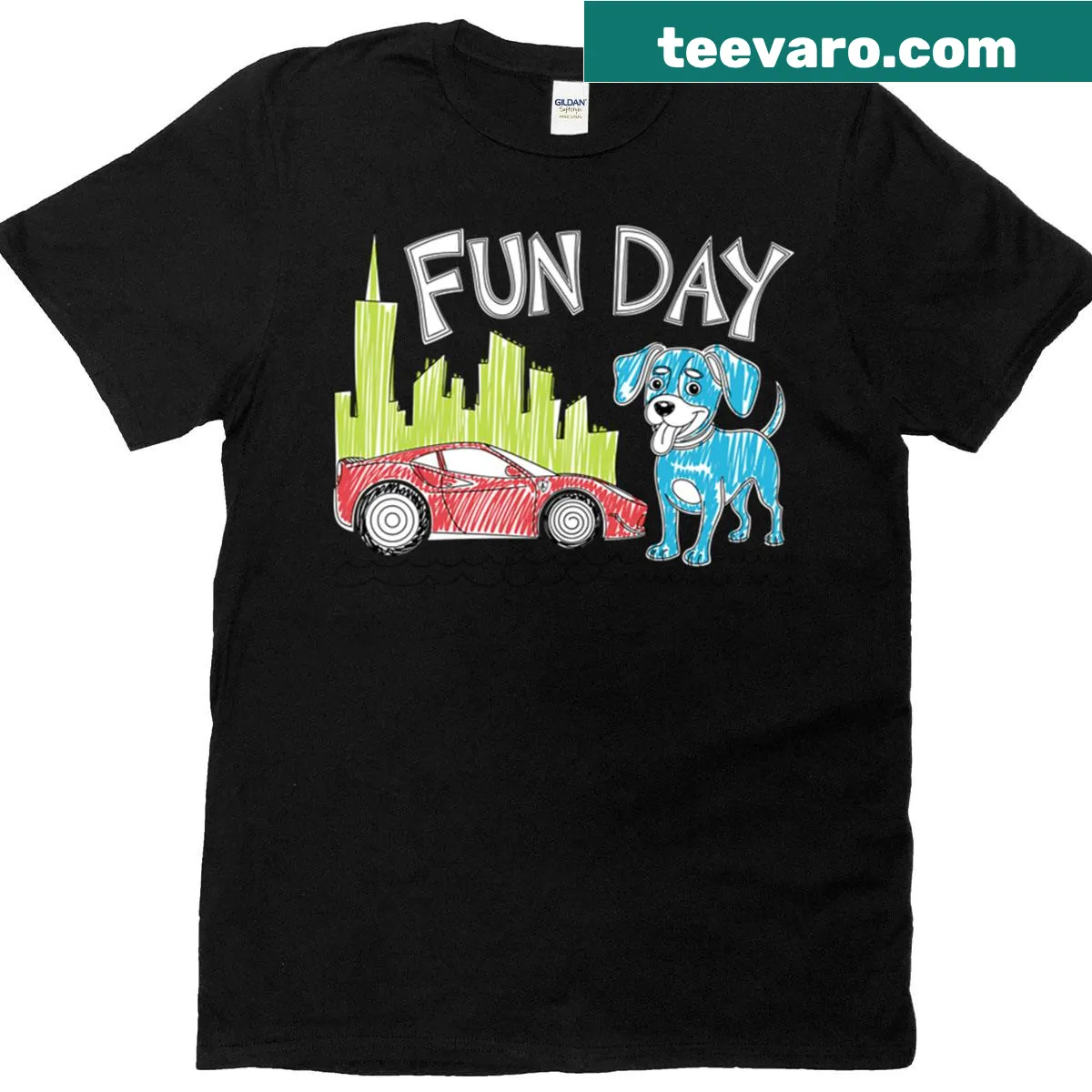 Cartoon dog driving a vintage car graphic — on a men's t-shirt