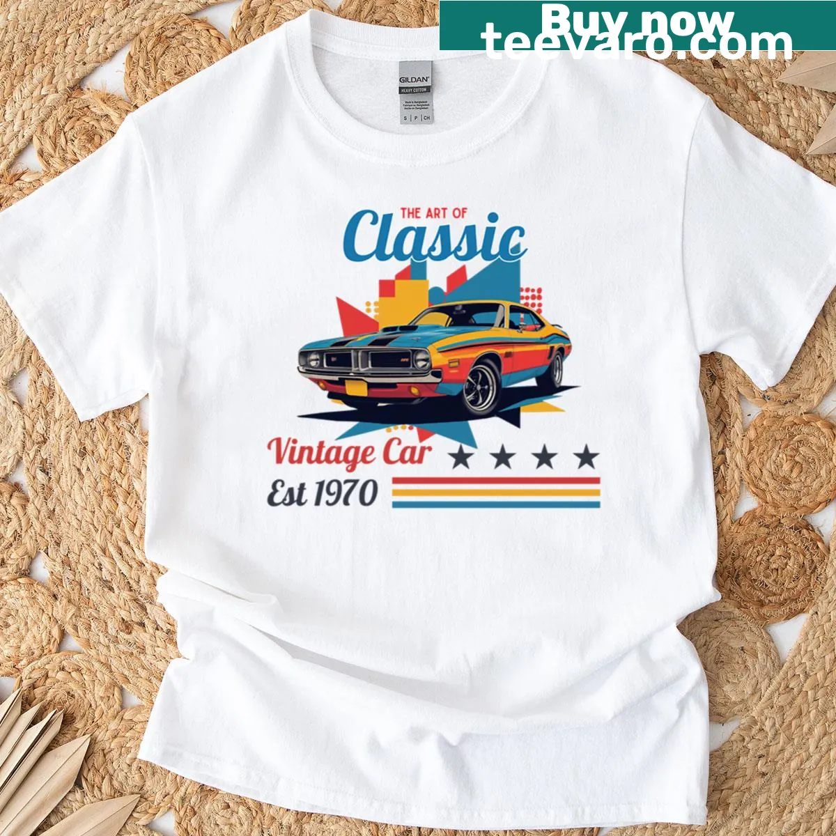 Retro 1970 muscle car illustration on a T-shirt — on a men's t-shirt