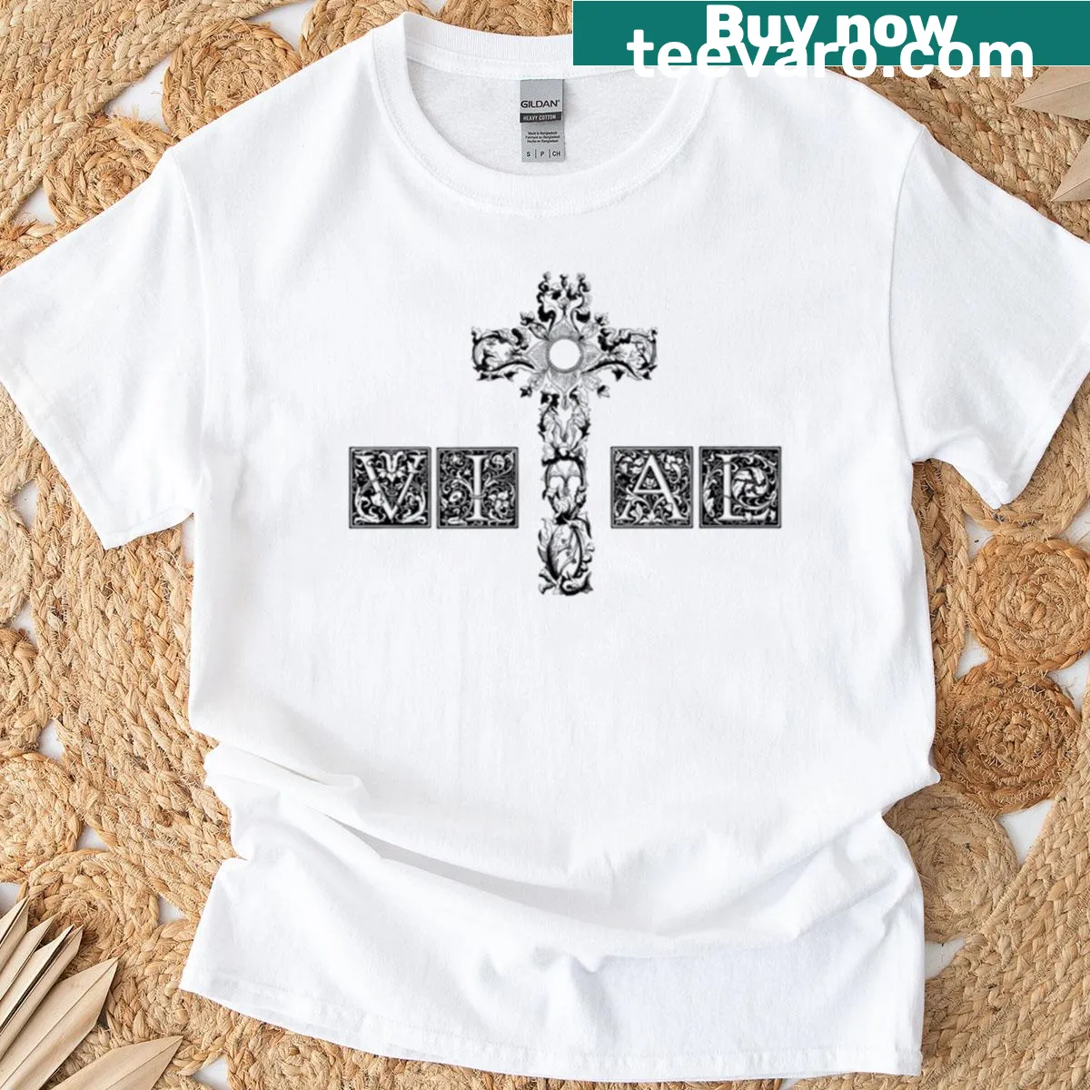 Vintage t-shirt featuring the word 'Vital' with a cross design — on a men's t-shirt