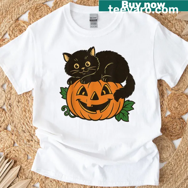 Cute vintage black cat and pumpkin graphic on a Halloween t-shirt