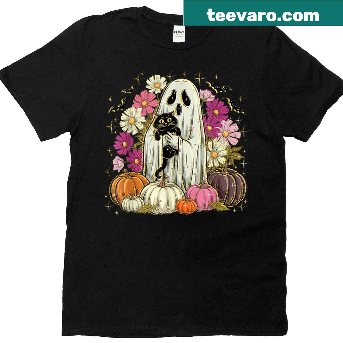Cute Halloween T-shirt with ghost and black cat graphic — on a men's t-shirt