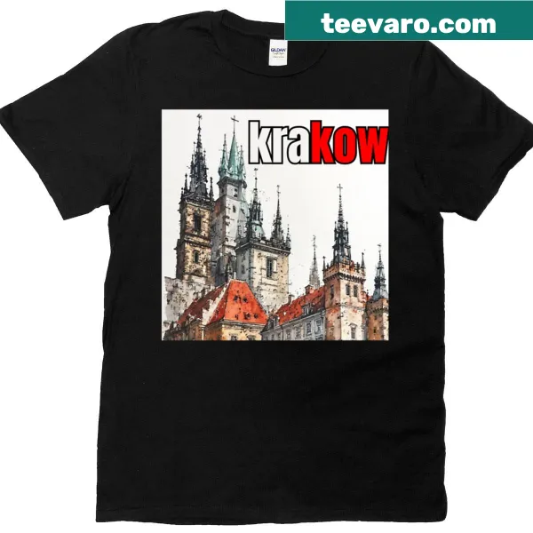 Watercolor Krakow skyline art t-shirt depicting Polish landmarks