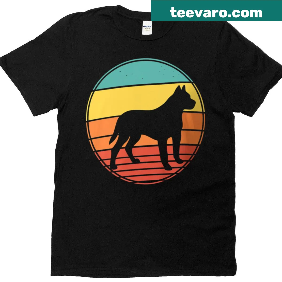 Vintage retro pitbull dog silhouette sunset design t-shirt — on a men's t-shirt