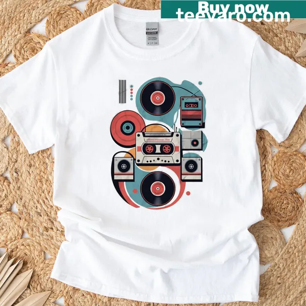 Vintage-style T-shirt featuring a cassette tape and vinyl records