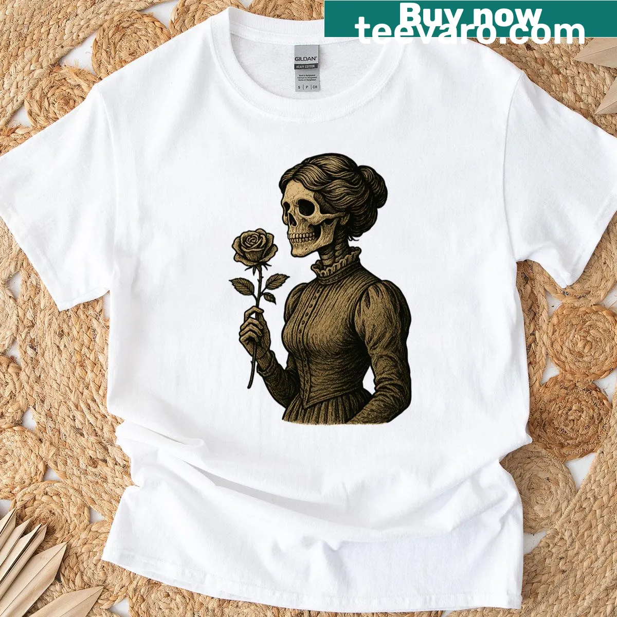 Vintage t-shirt featuring a skeleton lady with a rose in a tattoo style — on a men's t-shirt