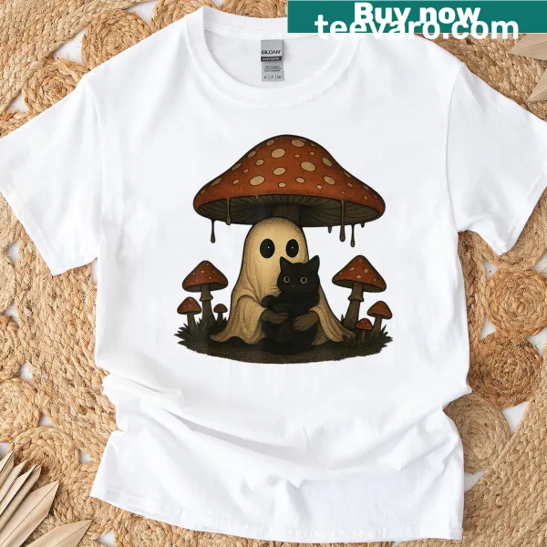 Cottagecore ghost and black cat design on a vintage Halloween T-shirt