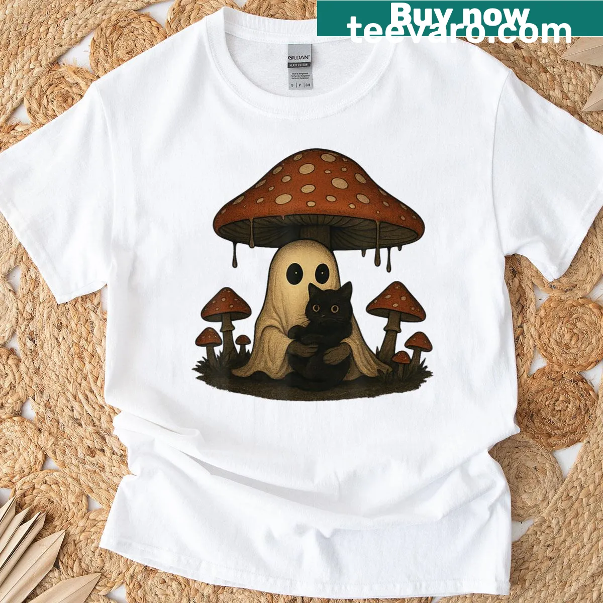 Cottagecore ghost and black cat design on a vintage Halloween T-shirt — on a men's t-shirt