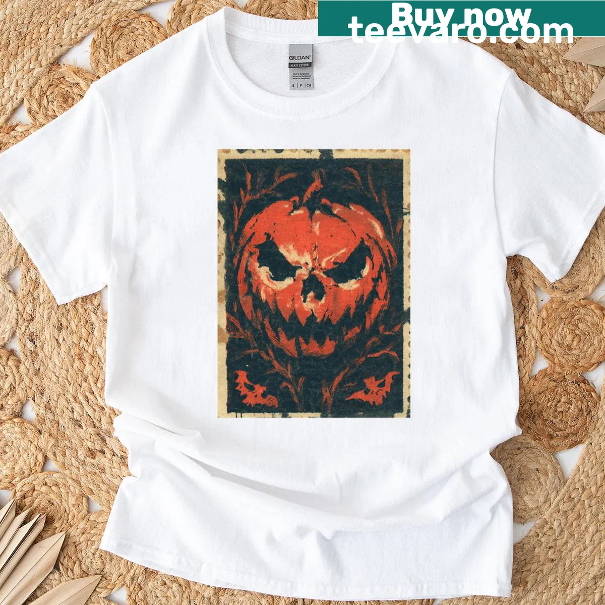 Vintage postage stamp design with a spooky pumpkin for Halloween — on a men's t-shirt