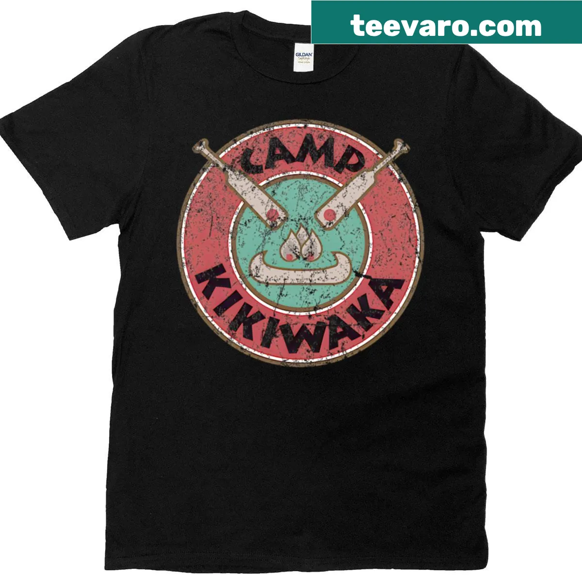 Vintage T-shirt featuring a camp badge design with canoe paddles and a campfire — on a men's t-shirt