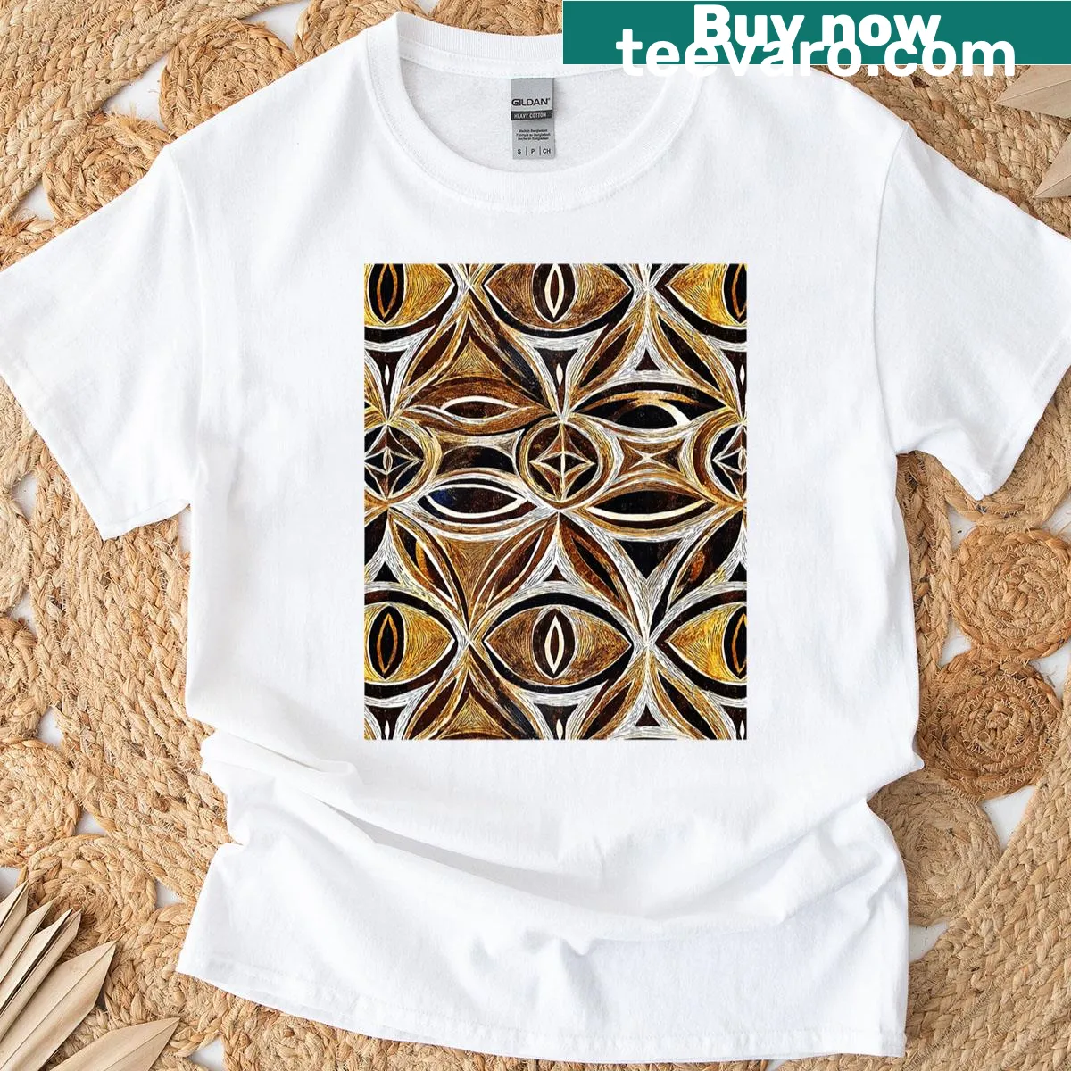 Seamless tile ethnic geometric pattern graphic on t-shirt. — on a men's t-shirt