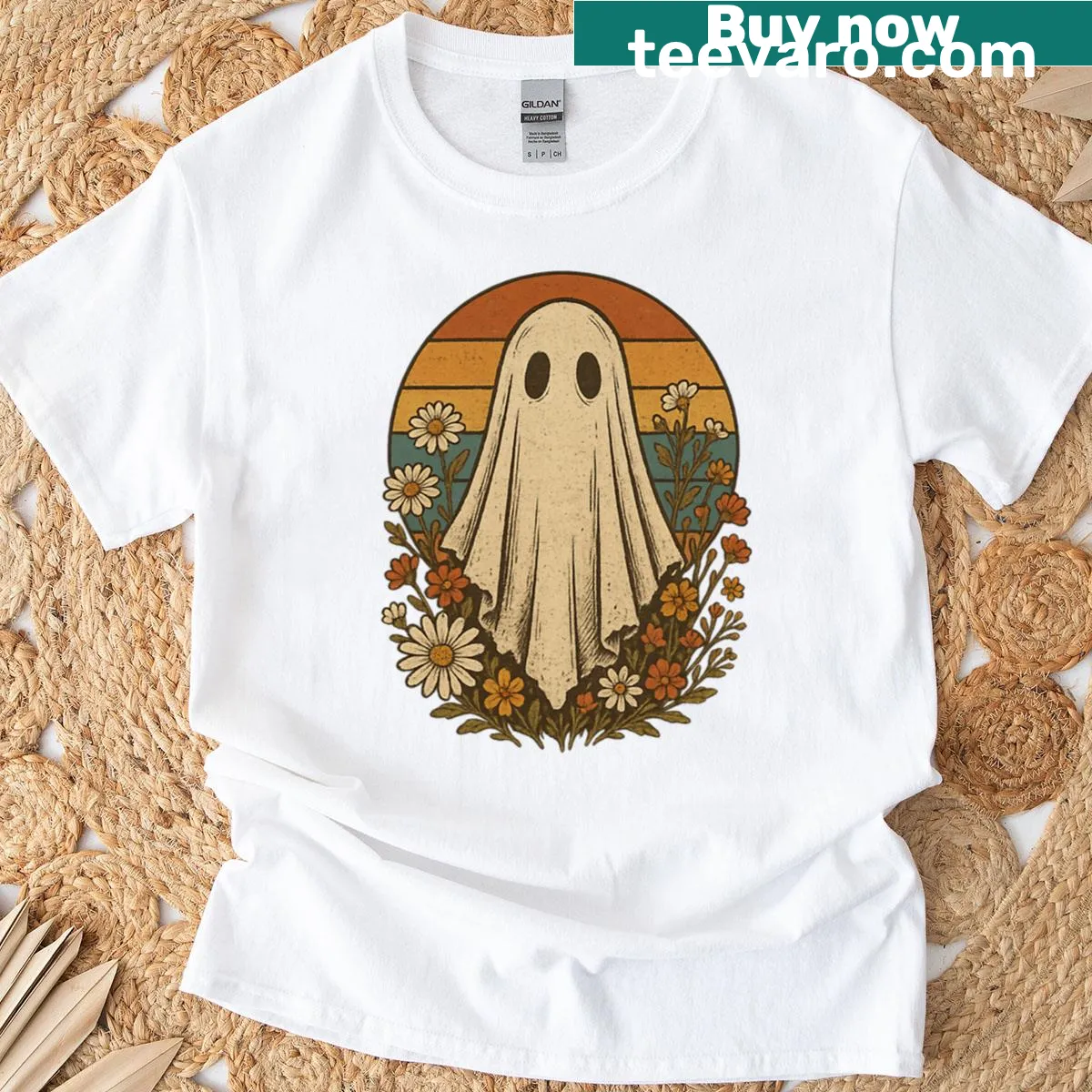 Whimsical ghost in a floral sunset design on a T-shirt — on a men's t-shirt