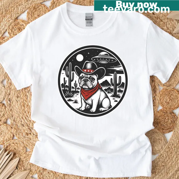 Vintage-style t-shirt featuring a French Bulldog in cowboy attire and a UFO