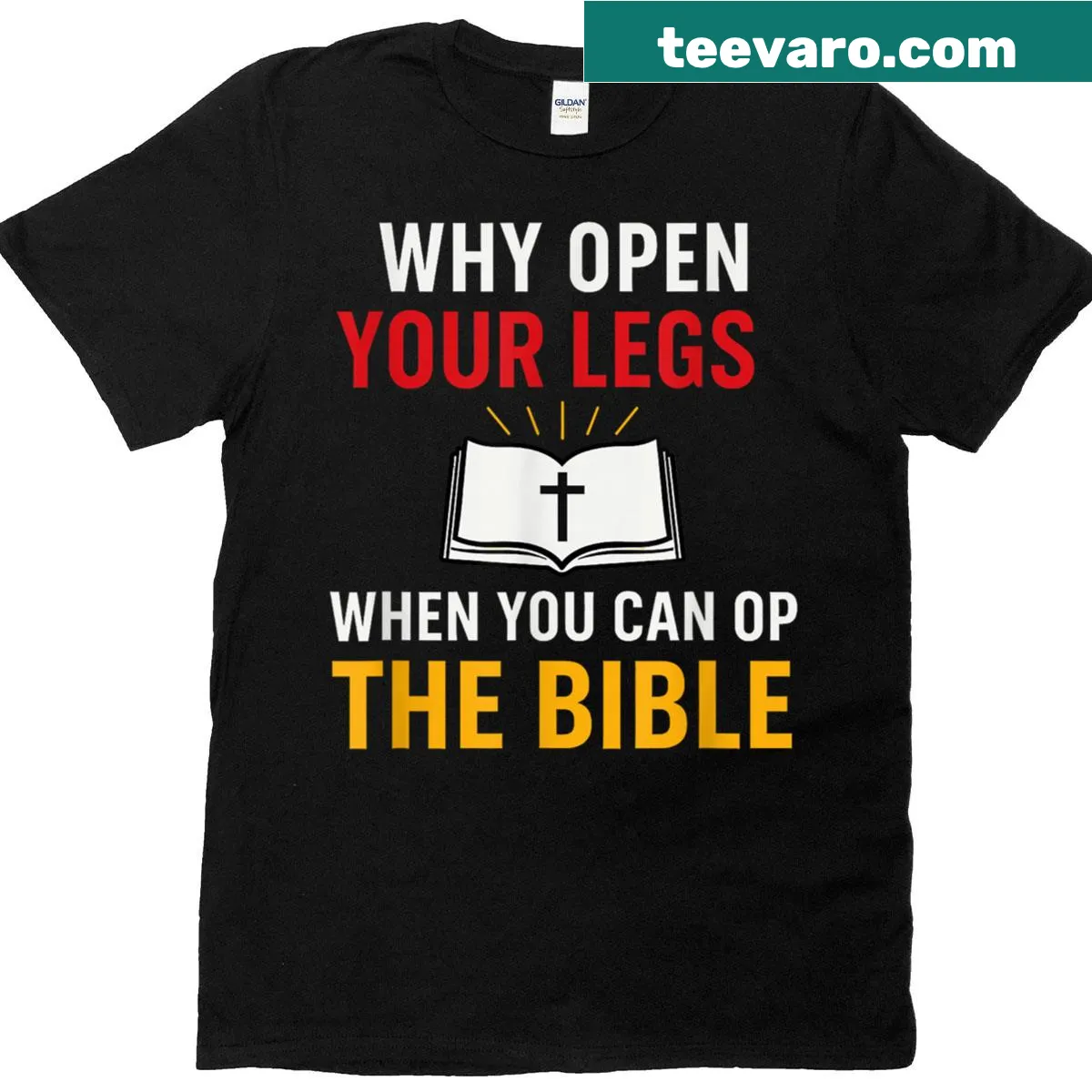 Sarcastic Bible-themed t-shirt with bold typography — on a men's t-shirt