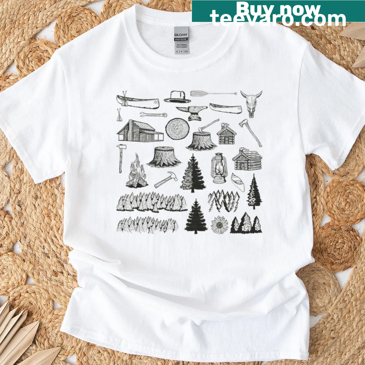 Oversized T-shirt with illustration of camping and survival tools for outdoor enthusiasts — on a men's t-shirt