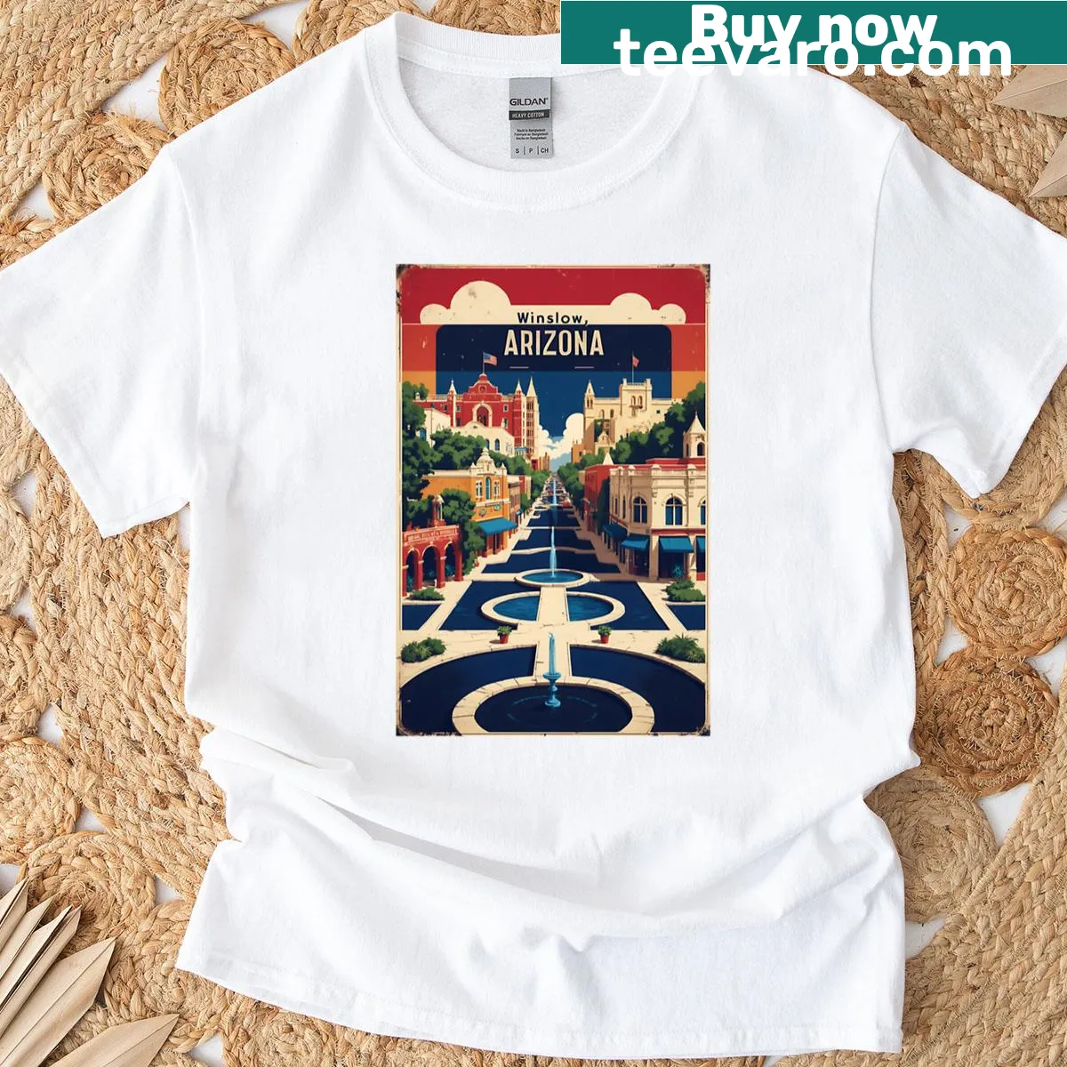 Vintage-style T-shirt featuring a design inspired by Winslow, Arizona — on a men's t-shirt