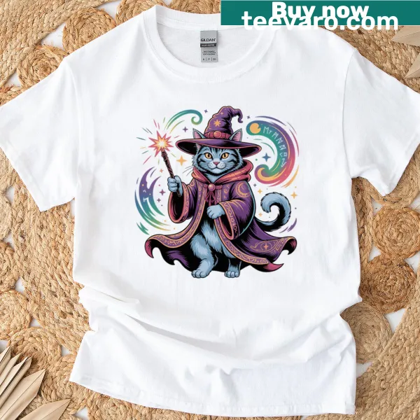 Illustration of a cute wizard cat with magical elements