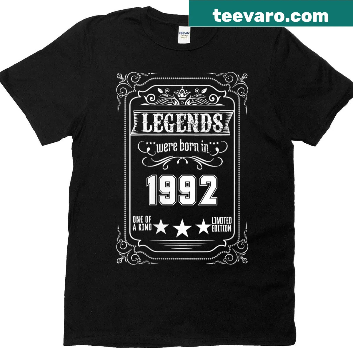 Vintage-style 33rd birthday t-shirt celebrating 1992 with bold text — on a men's t-shirt