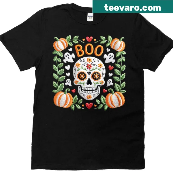 Cute Halloween t-shirt with sugar skull and knitting graphic