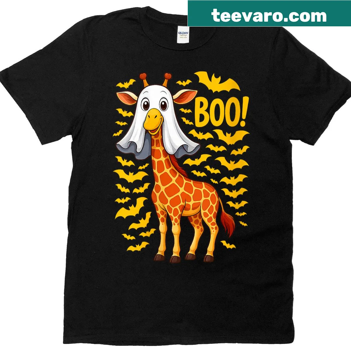 Funny Halloween shirt with a giraffe ghost saying 'Boo' — on a men's t-shirt
