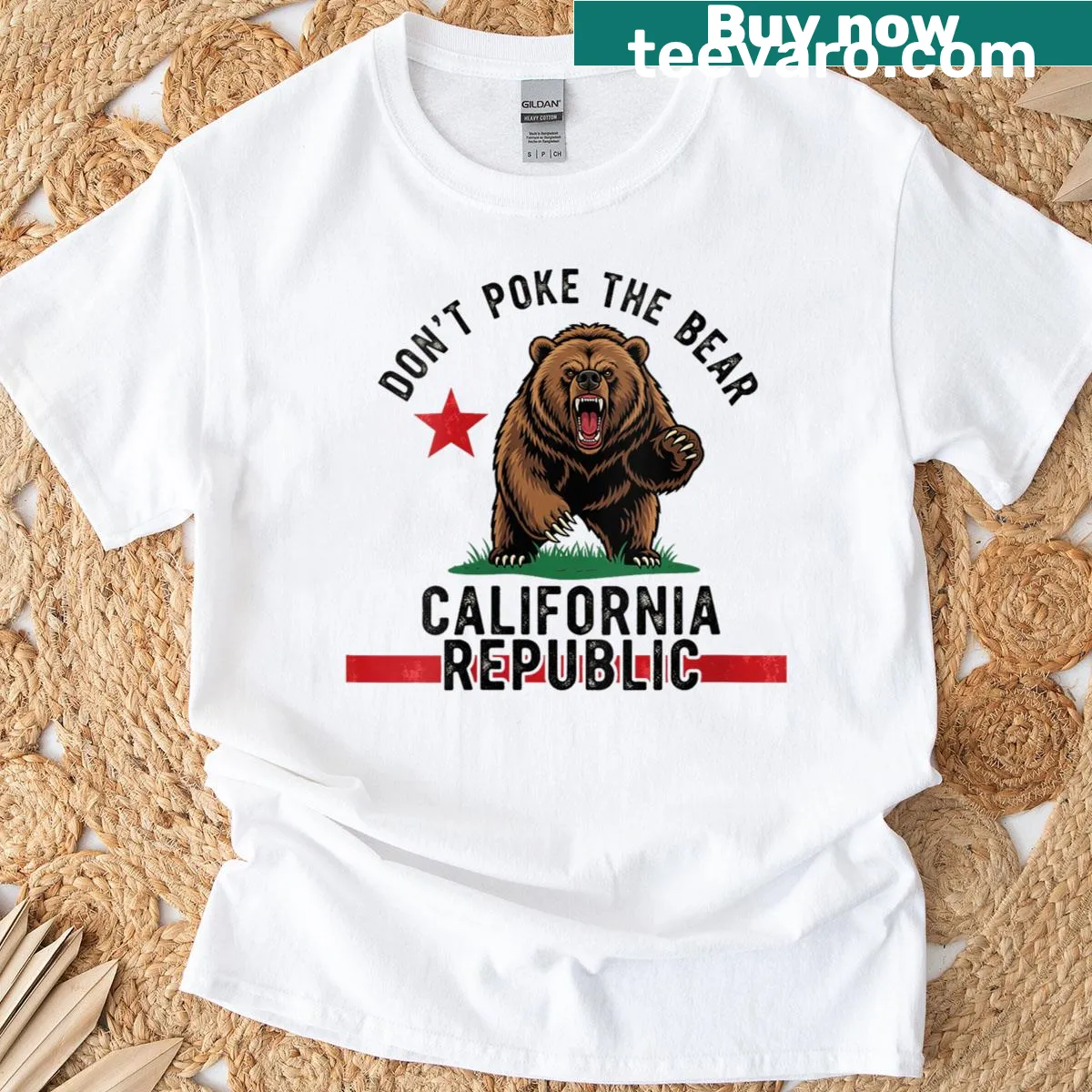 Graphic T-shirt with text 'Dont Poke The Bear' and California design — on a men's t-shirt
