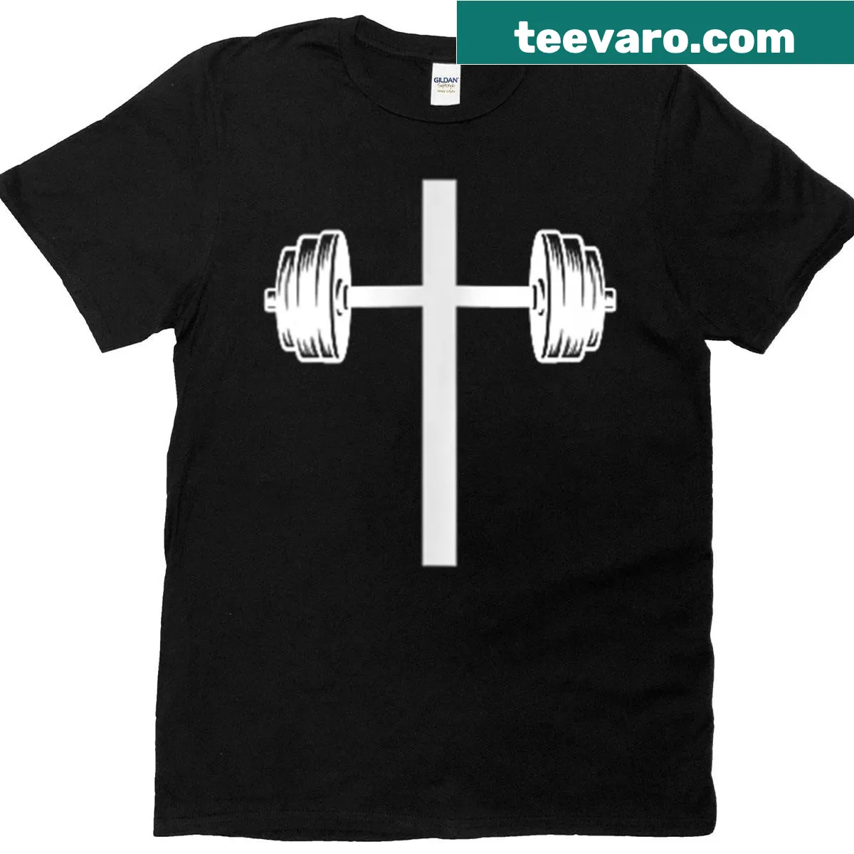 Dumbbell and cross design workout shirt for women — on a men's t-shirt