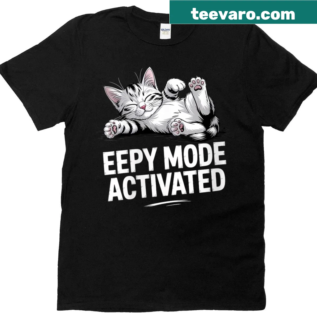 Cartoon graphic of a sleepy cat on a retro T-shirt — on a men's t-shirt
