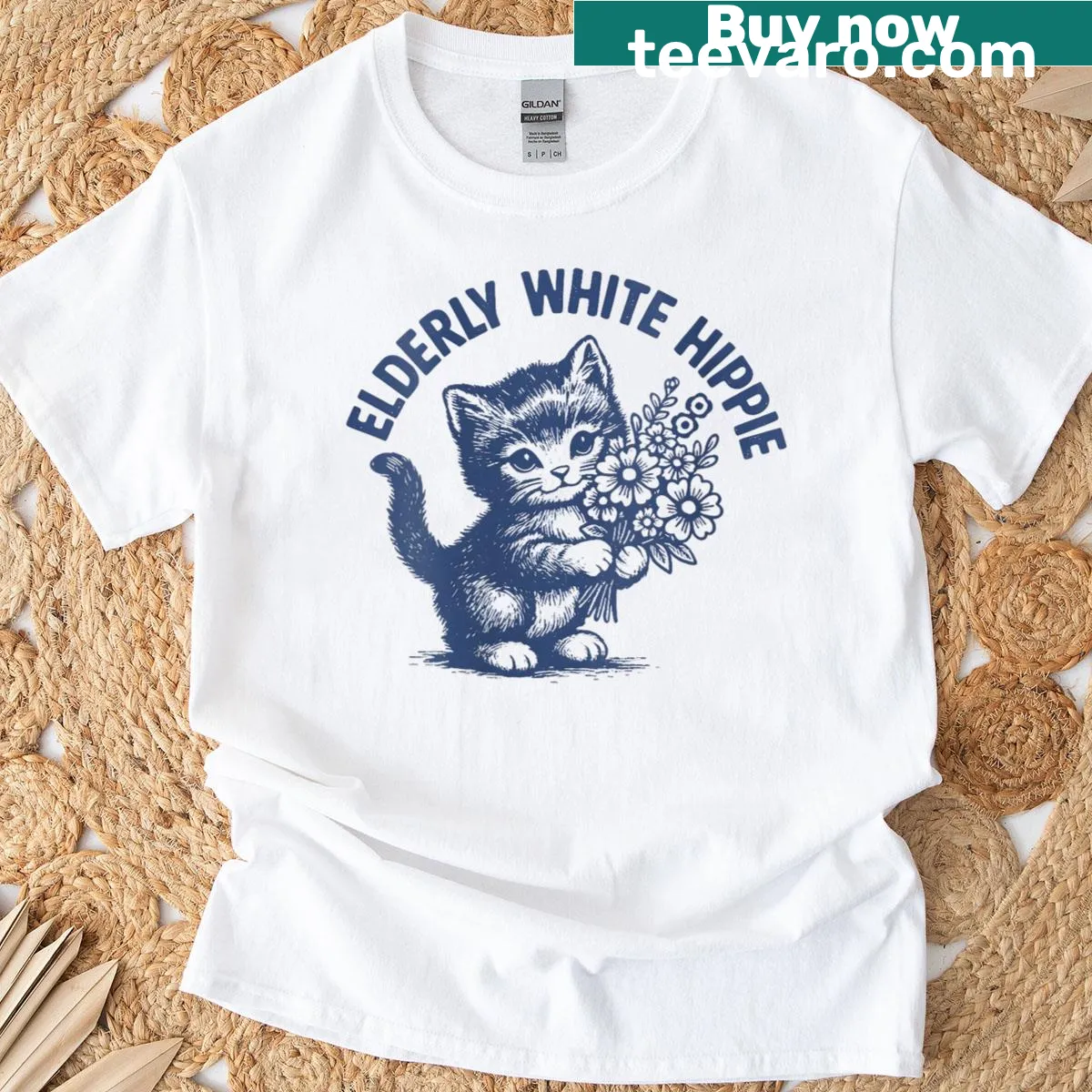 Bohemian t-shirt featuring an elderly white cat with flowers — on a men's t-shirt