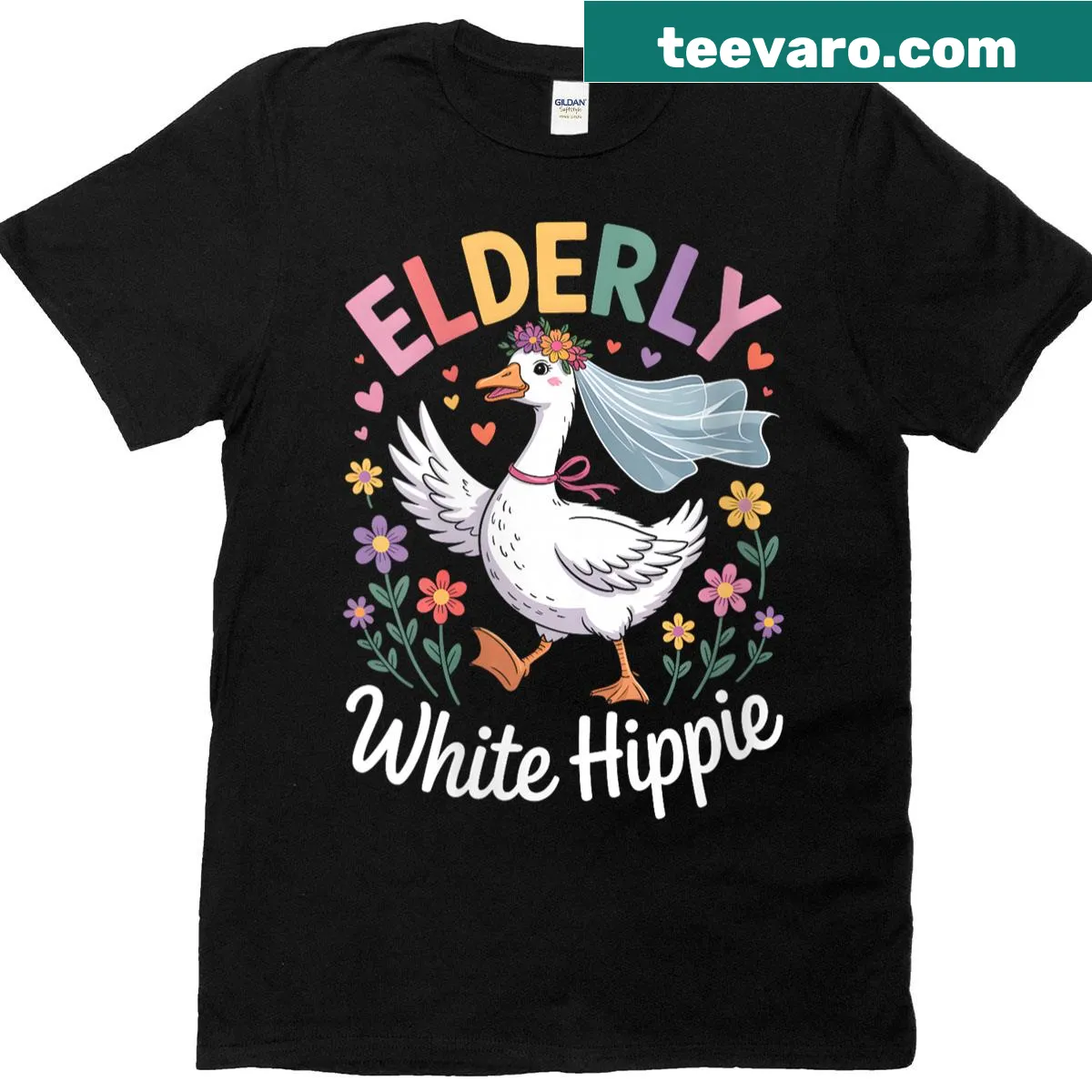 Colorful retro T-shirt featuring a white goose with a flower crown — on a men's t-shirt