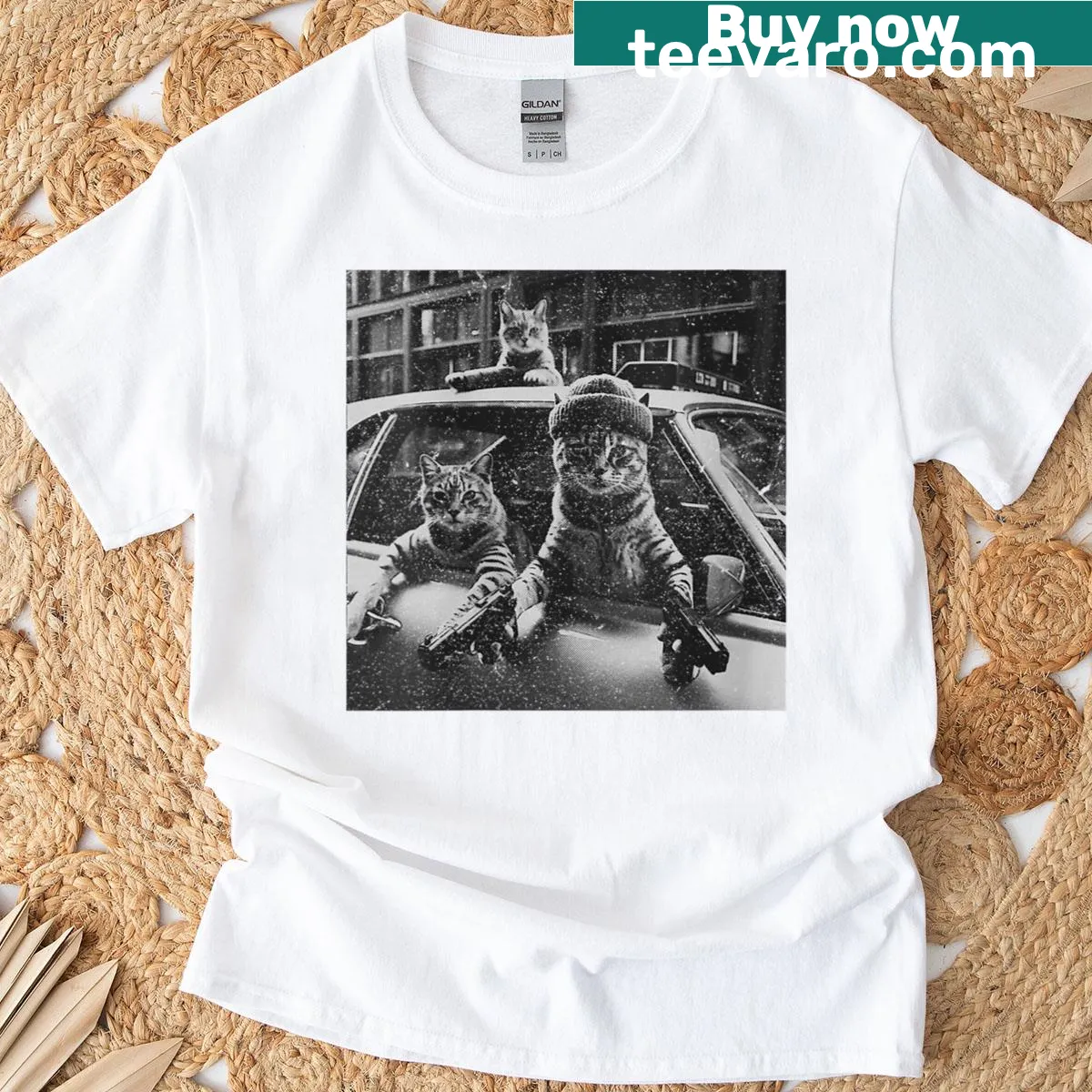 Vintage-style T-shirt with gangster kitten graphic — on a men's t-shirt