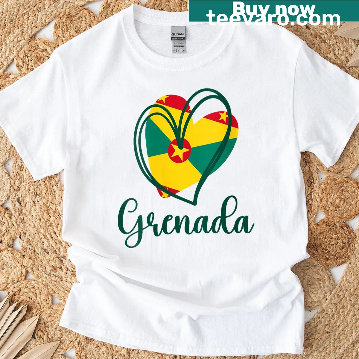 Graphic of the Grenadian flag on a kids' t-shirt — on a men's t-shirt
