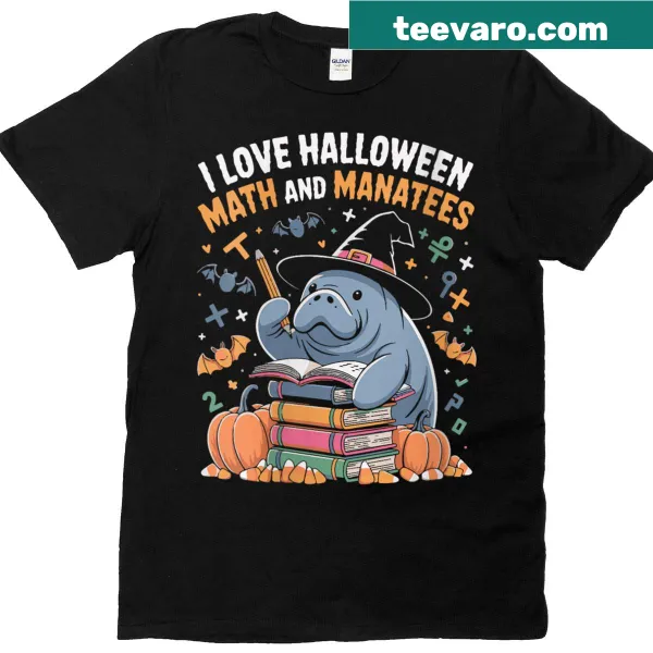 Halloween-themed t-shirt for math teachers with manatee and pumpkins