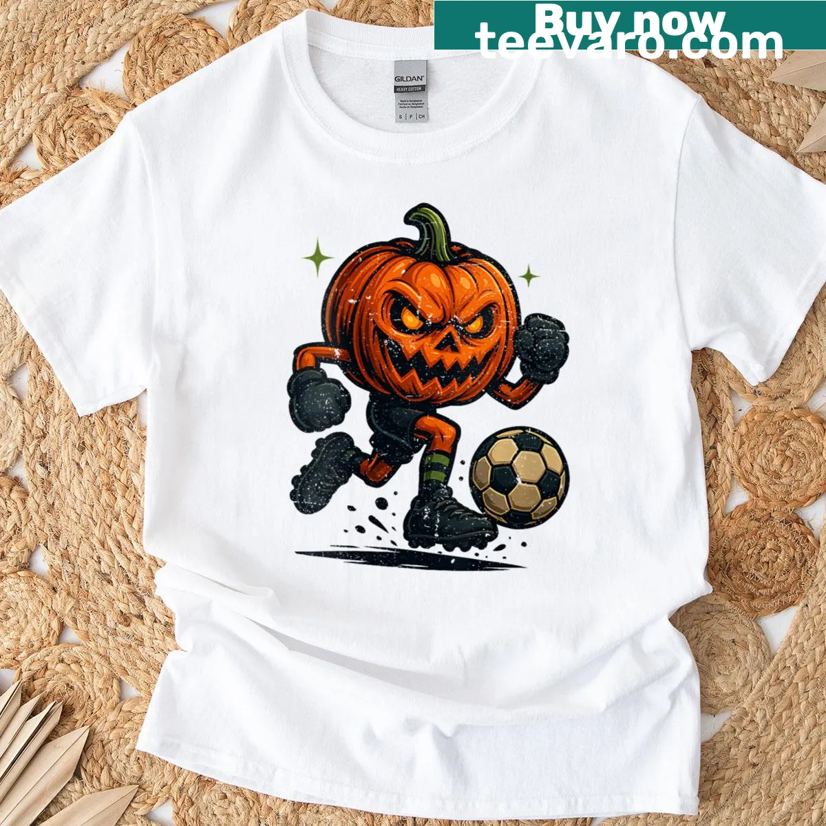 Vintage-style Halloween pumpkin soccer skills t-shirt — on a men's t-shirt