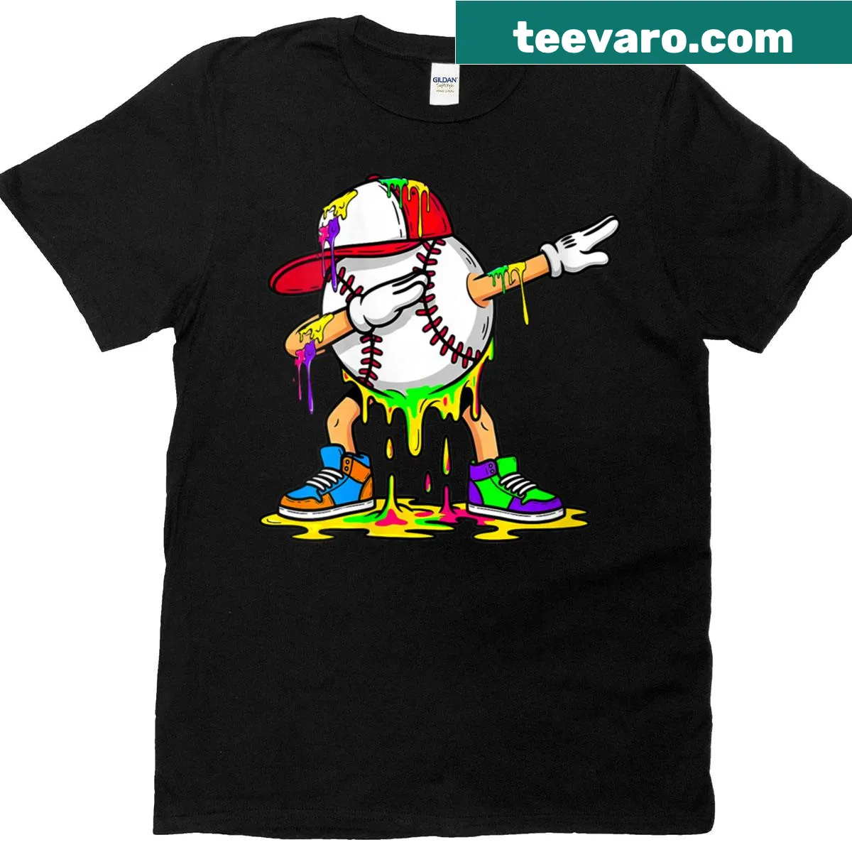 Skeleton baseball player t-shirt with drip art design for Halloween — on a men's t-shirt