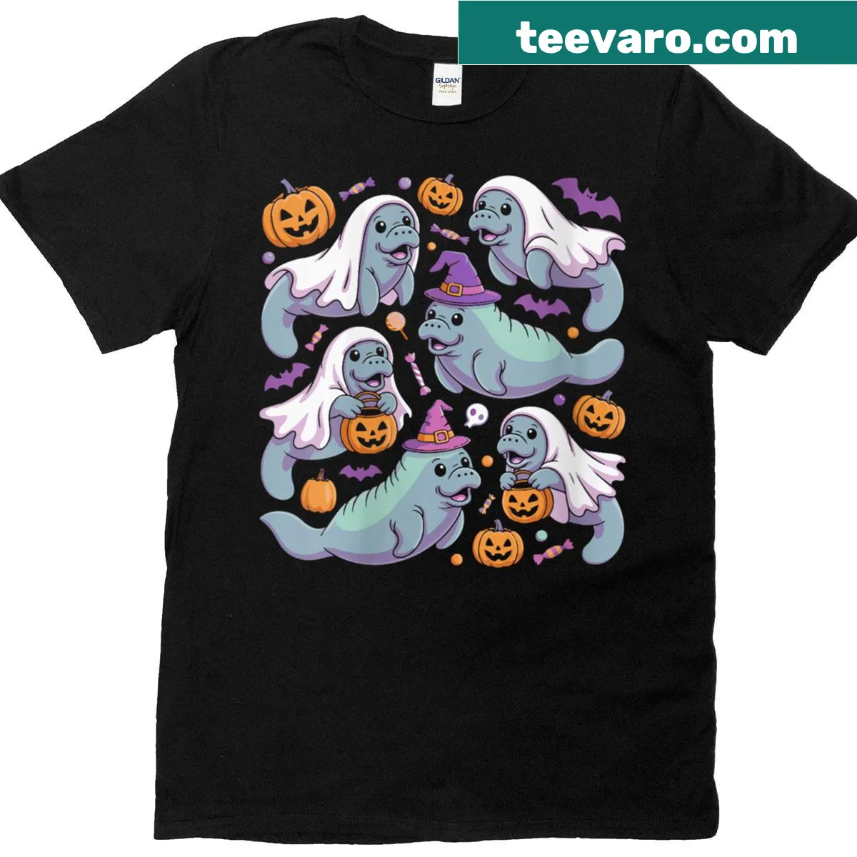 Cute Halloween shirt with a manatee in a witch hat and pumpkins — on a men's t-shirt