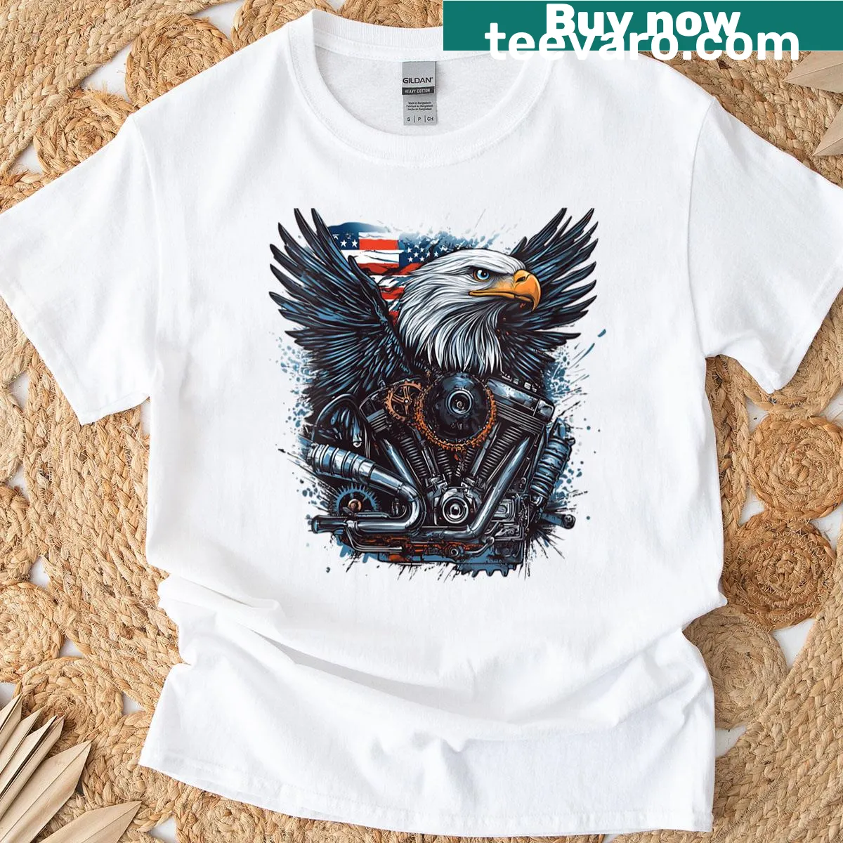 T-shirt featuring an eagle and motorcycle engine illustration — on a men's t-shirt