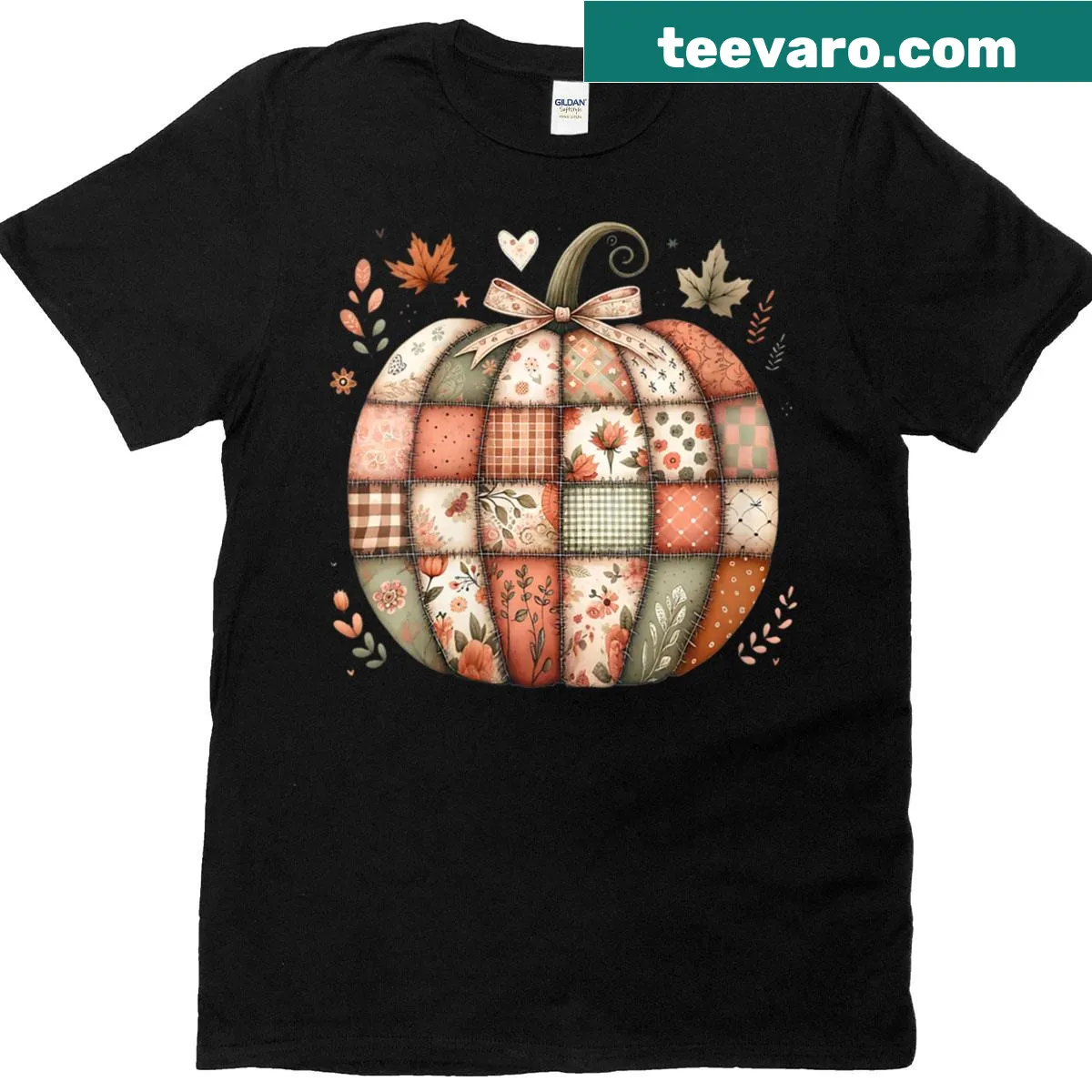 Autumn-themed T-shirt with illustrated pumpkin quilt pattern — on a men's t-shirt