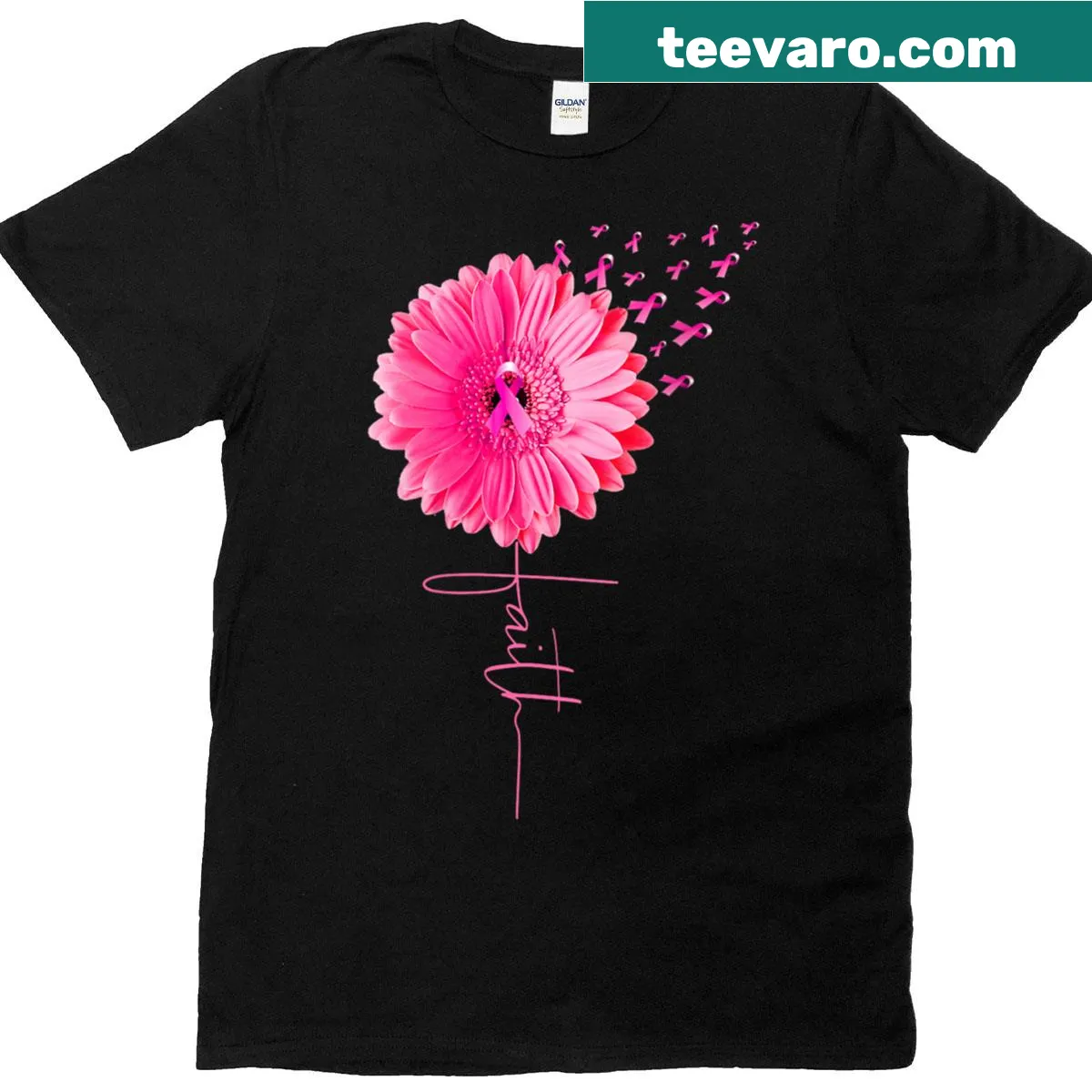 T-shirt with a pink ribbon and daisy design for breast cancer awareness — on a men's t-shirt