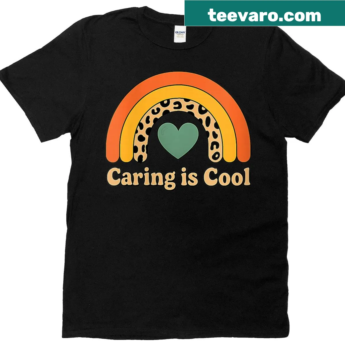 Retro rainbow T-shirt with leopard print and heart design — on a men's t-shirt