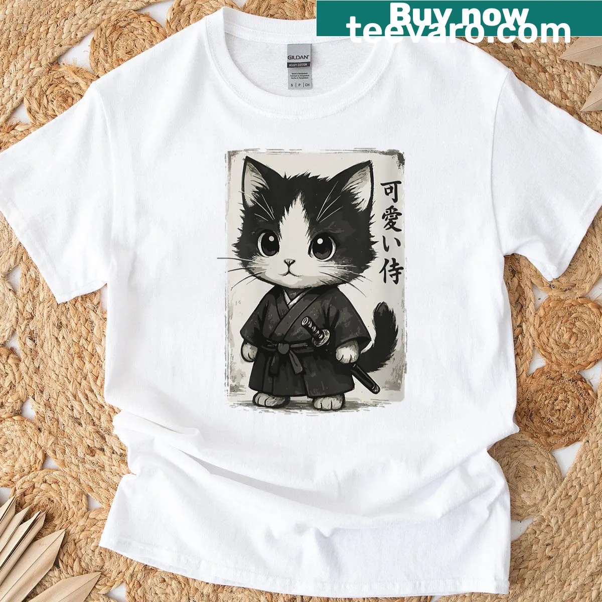 Cute samurai kitten illustration on a shirt, inspired by Japanese art. — on a men's t-shirt
