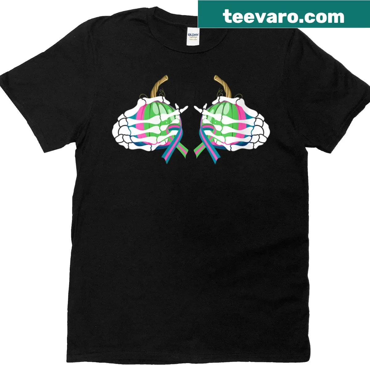 Illustration of skeleton hands holding pumpkins for breast cancer awareness — on a men's t-shirt
