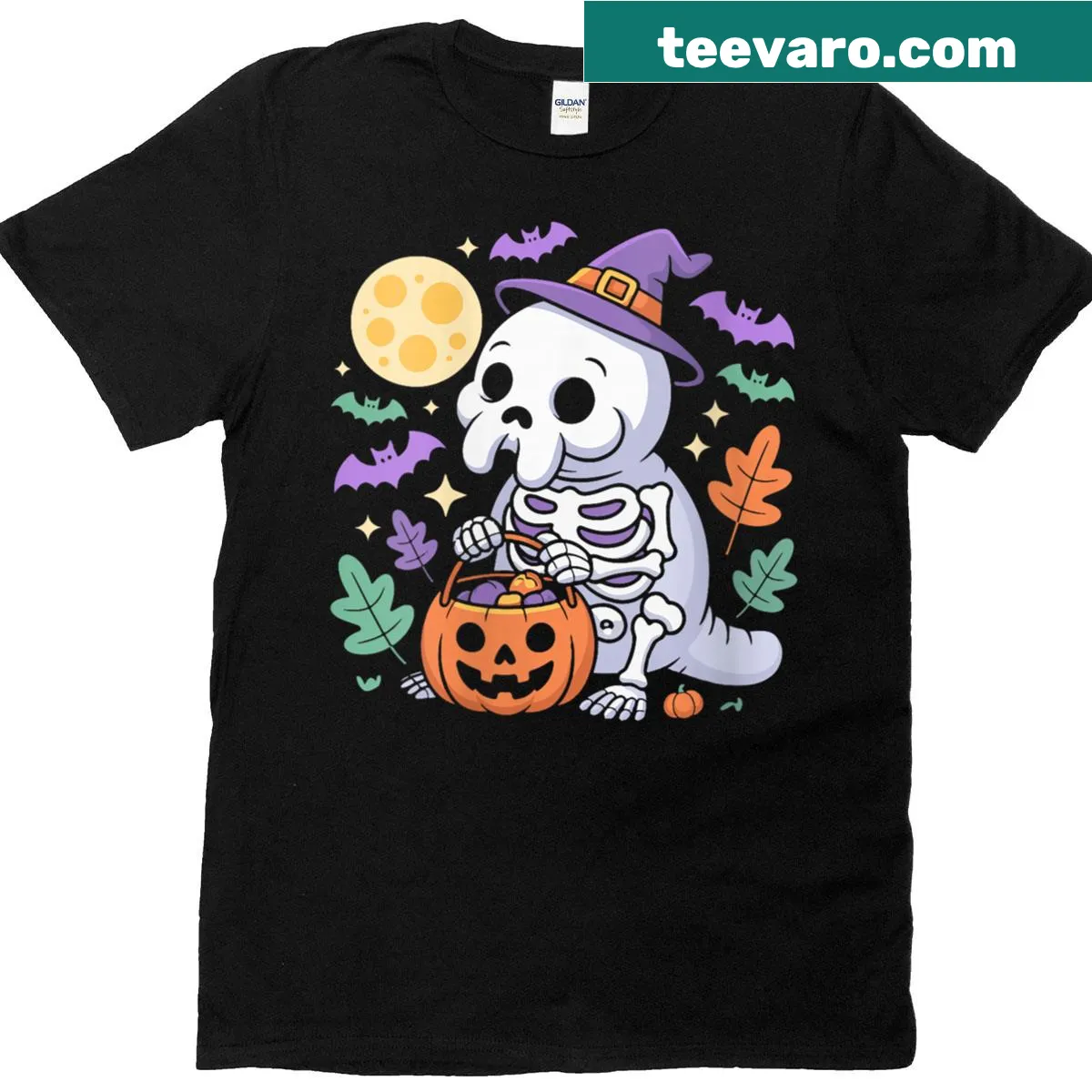 Cartoon T-shirt featuring a manatee skeleton with witch hat and pumpkin — on a men's t-shirt