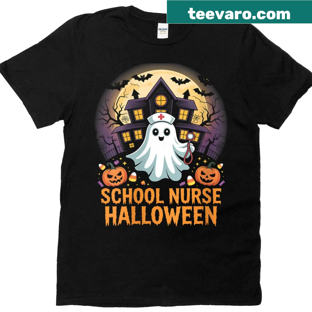 Illustrative T-shirt for school nurses featuring Halloween themes like pumpkins — on a men's t-shirt
