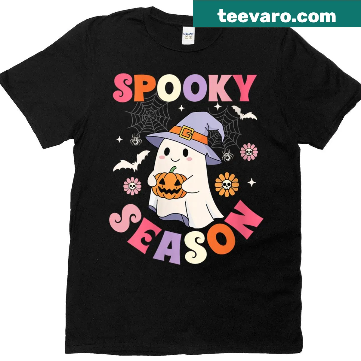 Retro Halloween t-shirt featuring a ghost holding a pumpkin — on a men's t-shirt