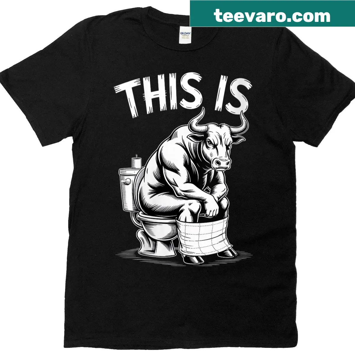 Funny women's T-shirt with humorous cow toilet design and bold phrases. — on a men's t-shirt