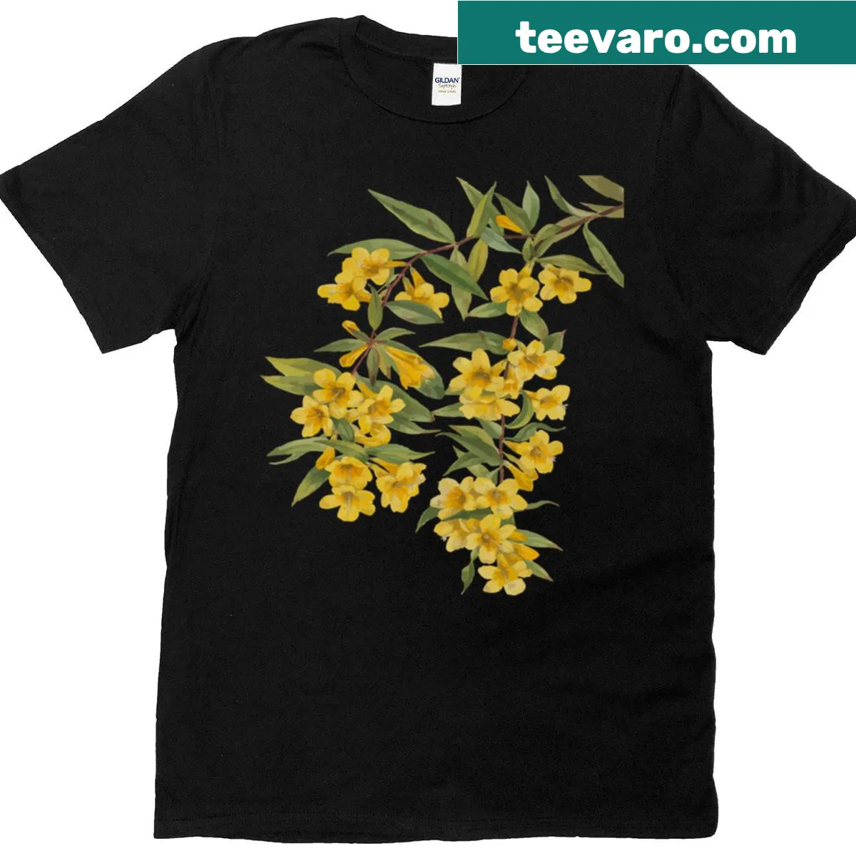 Vintage botanical illustration of yellow jasmine on a T-shirt — on a men's t-shirt