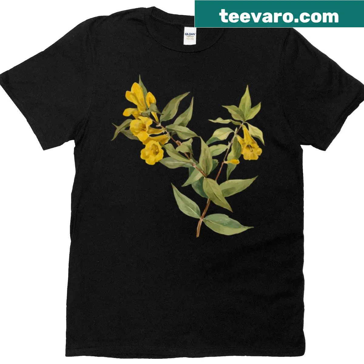 Vintage botanical illustration of yellow jessamine on an oversized t-shirt — on a men's t-shirt